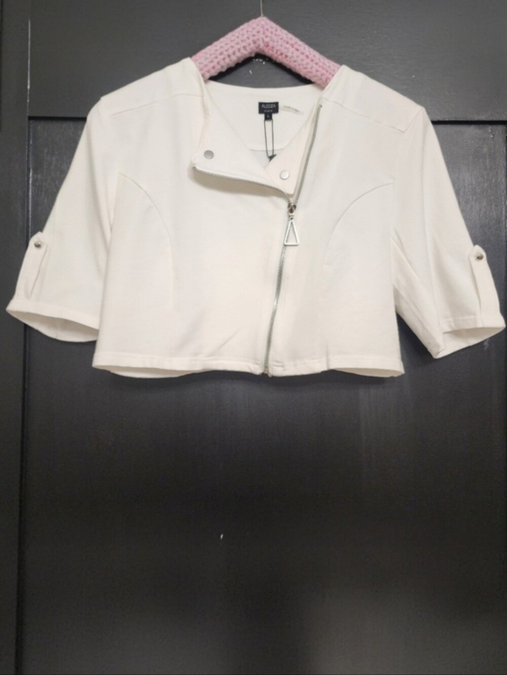 Aleeza Paris Naomi Stretch Ivory White Biker Jacket Top Moto Crop Large NWT - Picture 5 of 12